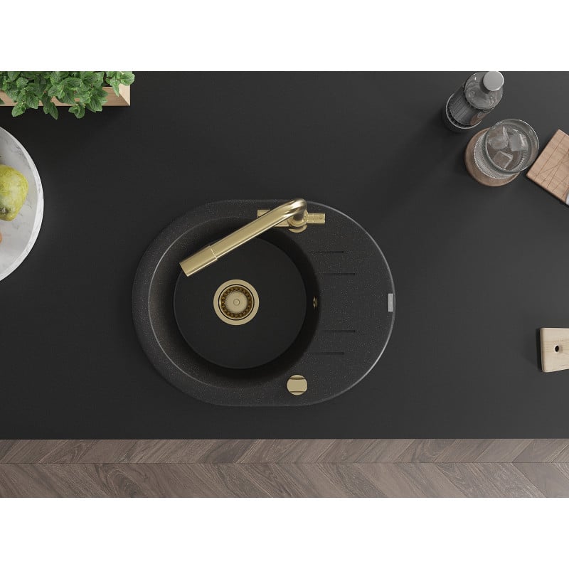 Mexen Kevin granitový kuchynský drez s 1 komorou, odtokom a kuchynskou batériou Duero, čierno/strieborný metalický