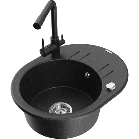 Mexen Kevin granitový drez 1-komorový s odkvapkávačom a kuchynskou batériou Duero, čierny/strieborný metalický