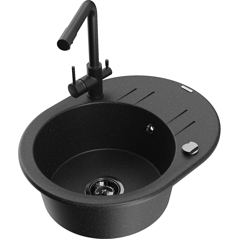 Mexen Kevin Granitový jednodrez s odkvapom a kuchynskou batériou Duero, čierny/strieborný metalický - 6517-73-671600-70-B