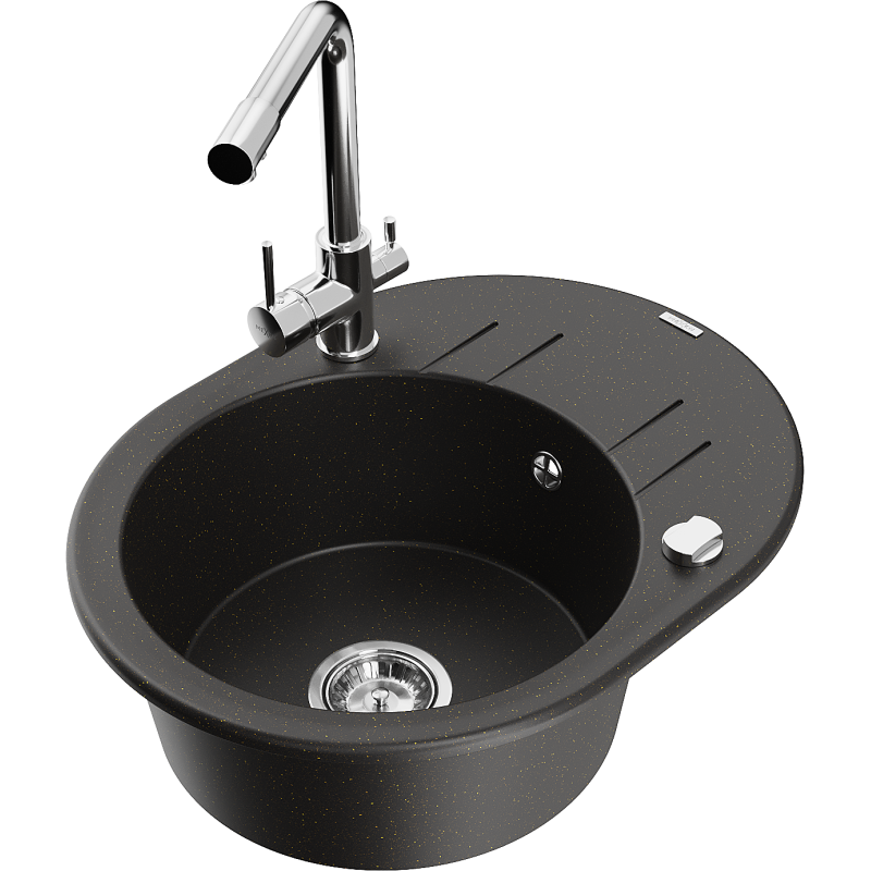 Mexen Kevin granitový drez s 1 komorou, odkvapkávačom a kuchynskou batériou Duero, čierny/zlatý metalik