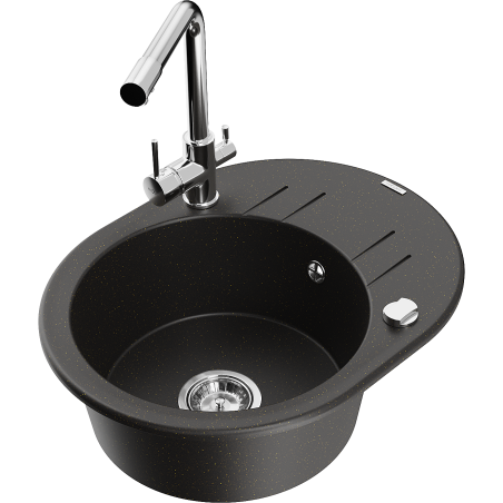 Mexen Kevin granitový drez s 1 komorou, odkvapkávačom a kuchynskou batériou Duero, čierny/zlatý metalik