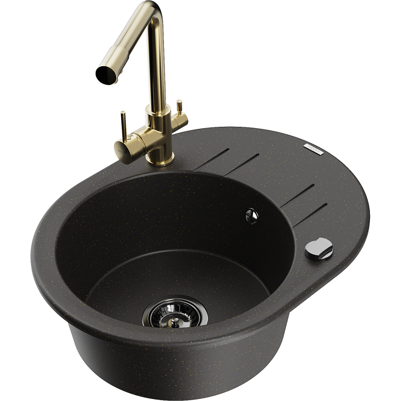 Mexen Kevin granitový drez 1-komorový s odkvapkávačom a kuchynskou batériou Duero, čierny/zlatý metalický