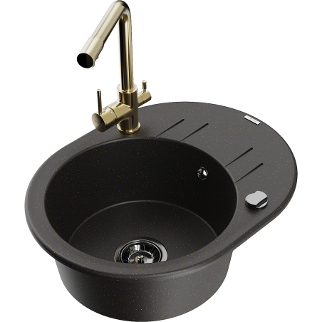 Mexen Kevin granitový drez 1-komorový s odkvapkávačom a kuchynskou batériou Duero, čierny/zlatý metalický