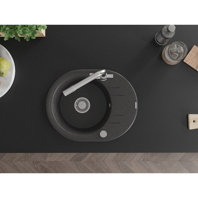 Mexen Kevin žulový drez s 1 komorou, odkvapkávacou plochou a kuchynskou batériou Duero, čierny s bodkami - 6517-76-671600-00