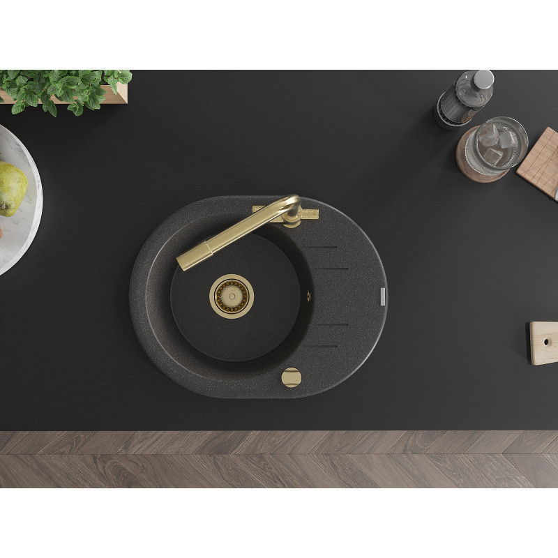 Mexen Kevin kuchynský drez 1-komorový s odkvapkávacou plochou a kuchynskou batériou Duero, čierny bodkovaný - 6517-76-671600-50