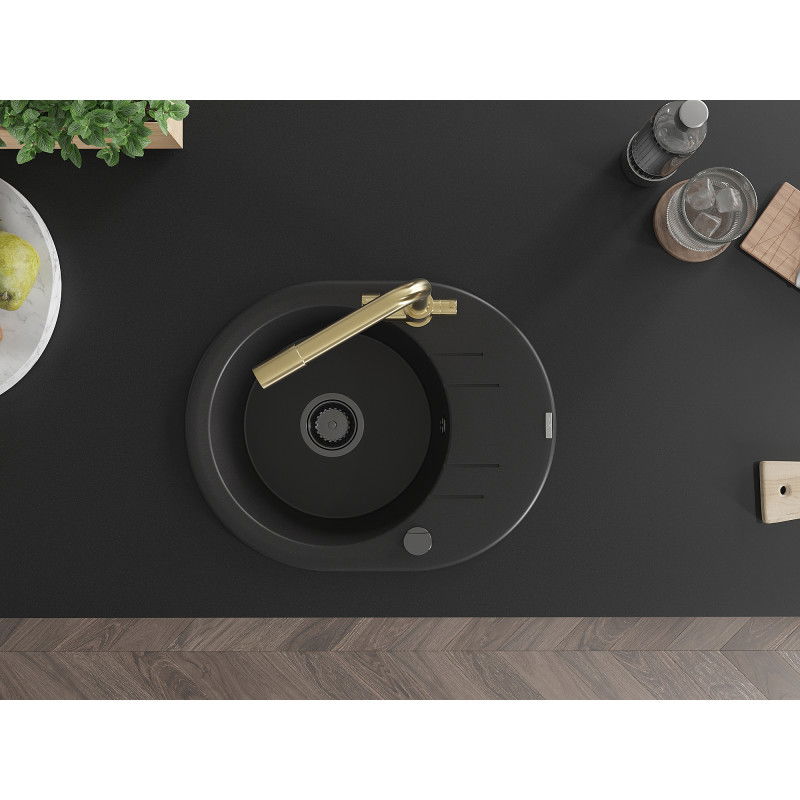 Mexen Kevin granitový drez 1-komorový s odkvapkávačom a kuchynskou batériou Duero, čierny - 6517-77-671600-50-B