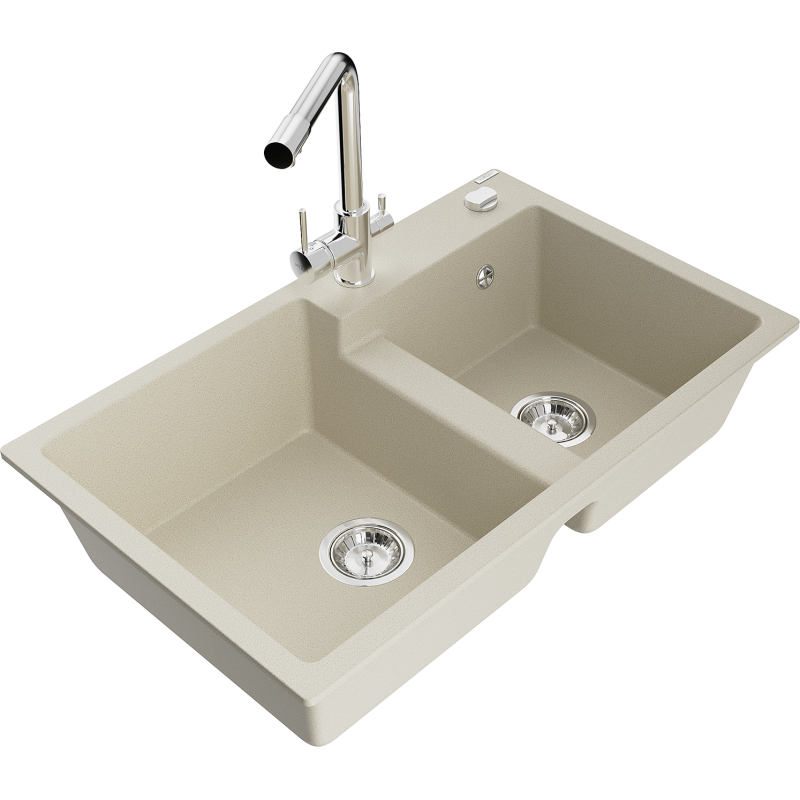 Mexen Tomas žulový drez 2-komorový s kuchynskou batériou Duero, béžový - 6516-69-671600-00