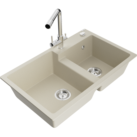Mexen Tomas žulový drez 2-komorový s kuchynskou batériou Duero, béžový - 6516-69-671600-00