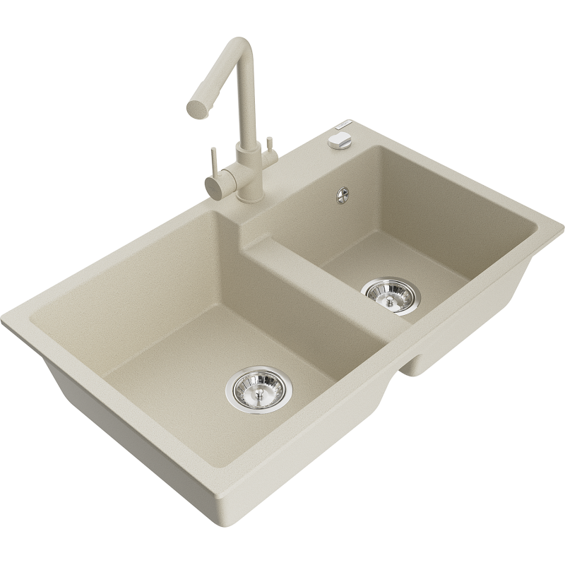 Mexen Tomas žulový dvojkomorový drez s kuchynskou batériou Duero, béžový - 6516-69-671600-69