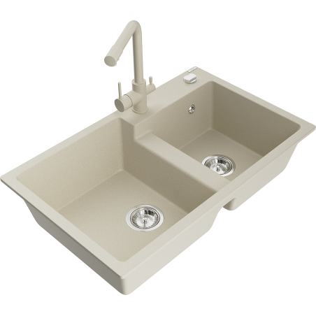 Mexen Tomas žulový dvojkomorový drez s kuchynskou batériou Duero, béžový - 6516-69-671600-69