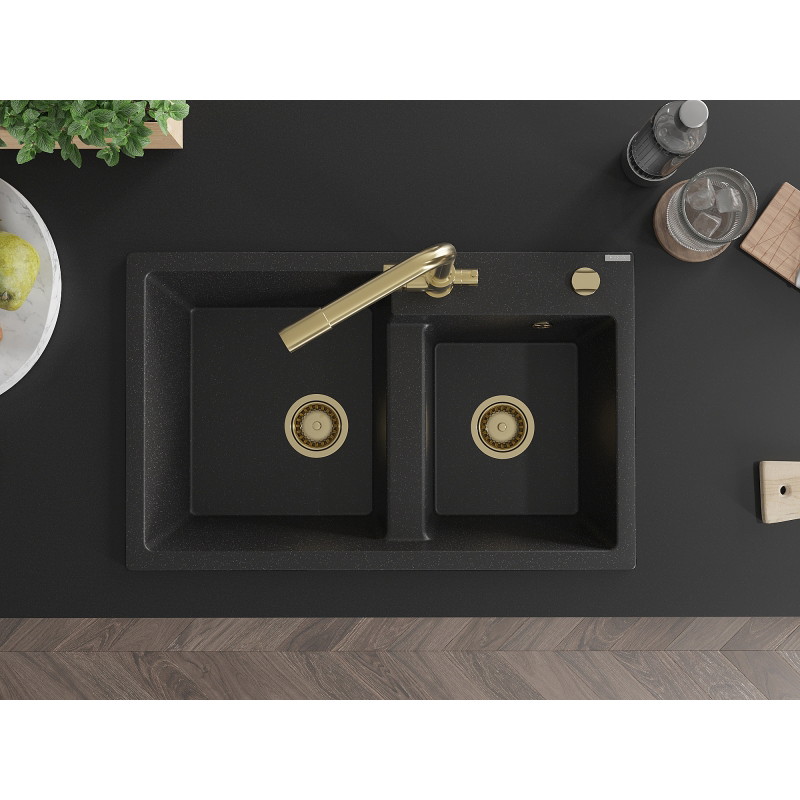 Mexen Tomas Granitový drez s 2 komorami a kuchynskou batériou Duero, čierny/strieborný metalický - 6516-73-671600-50