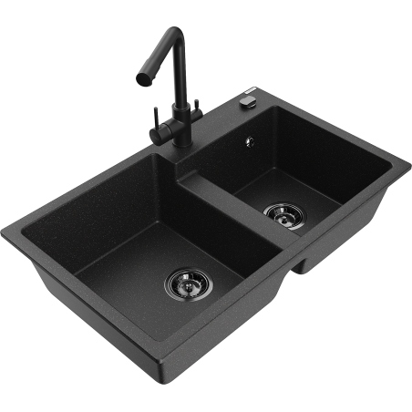Mexen Tomas granitový drez dvojkomorový s kuchynskou batériou Duero, čierny/strieborný metalik - 6516-73-671600-70-B