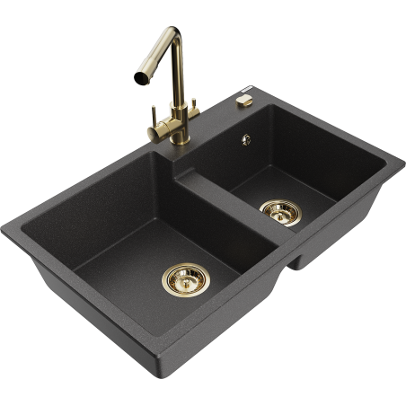 Mexen Tomas žulový drez 2-komorový s kuchynskou batériou Duero, čierny bodkovaný - 6516-76-671600-50
