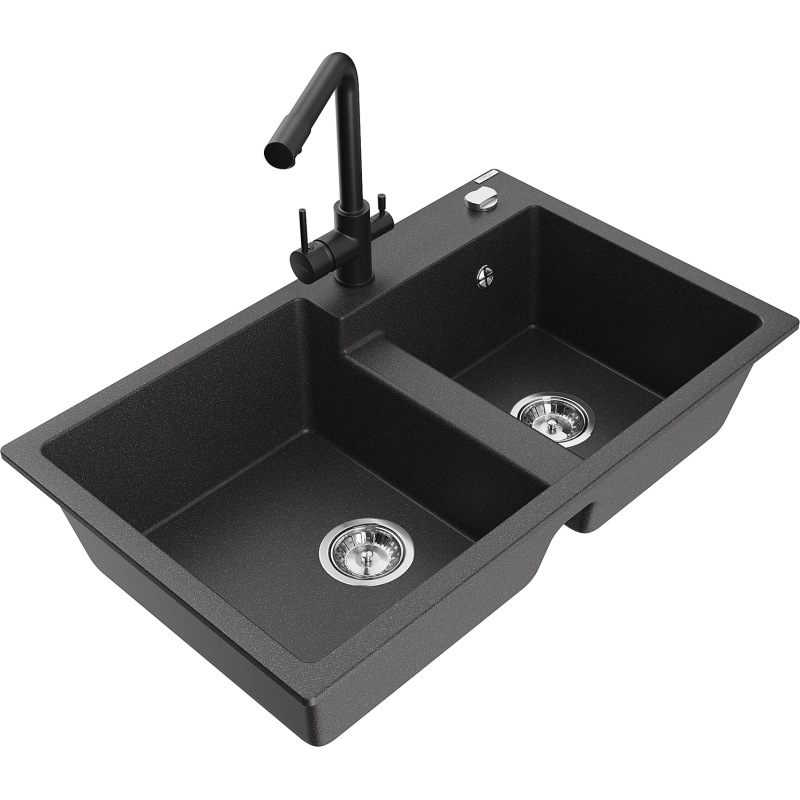 Mexen Tomas granitový kuchynský drez 2-komorový s kuchynskou batériou Duero, čierny s fľakmi - 6516-76-671600-70
