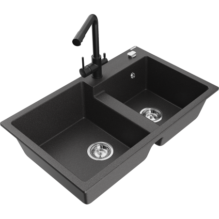 Mexen Tomas granitový kuchynský drez 2-komorový s kuchynskou batériou Duero, čierny s fľakmi - 6516-76-671600-70