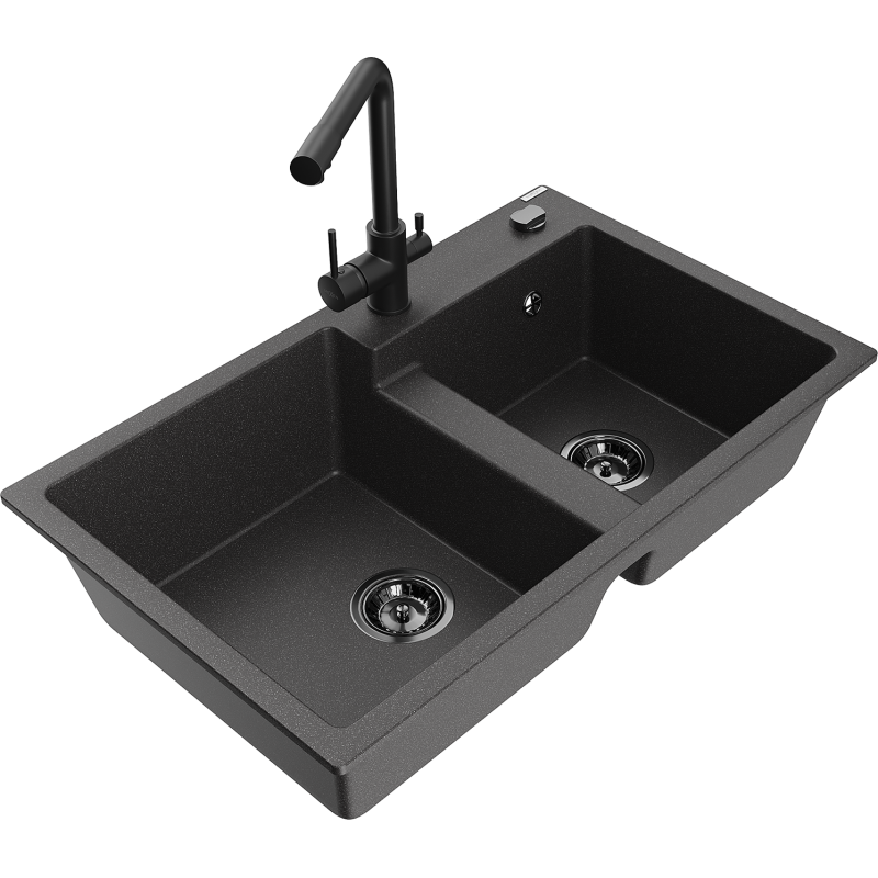 Mexen Tomas žulový dvojkomorový drez s kuchynskou batériou Duero, čiernobiely bodkovaný - 6516-76-671600-70-B