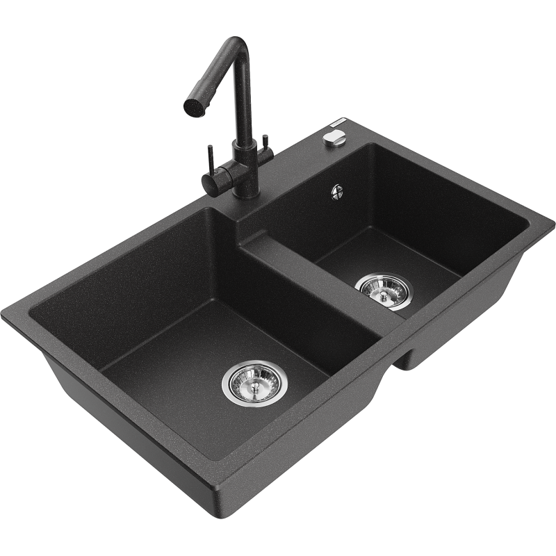 Mexen Tomas dvojkomorový žulový kuchynský drez s kuchynskou batériou Duero, čierny s bodkami - 6516-76-671600-76