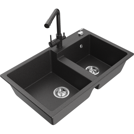Mexen Tomas dvojkomorový žulový kuchynský drez s kuchynskou batériou Duero, čierny s bodkami - 6516-76-671600-76