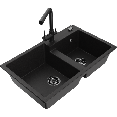 Mexen Tomas dvojkomorový žulový drez s kuchynskou batériou Duero, čierny - 6516-77-671600-70-B