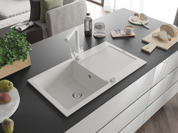 Mexen Leo granitový kuchynský drez 1-komorový s odkvapkávačom a kuchynskou batériou Duero, biely - 6501-20-671600-20