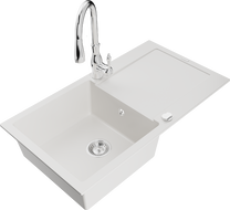 Mexen Leo granitový drez 1-komorový s odkvapkávačom a kuchynskou batériou Savita, biely - 6501-20-672601-00