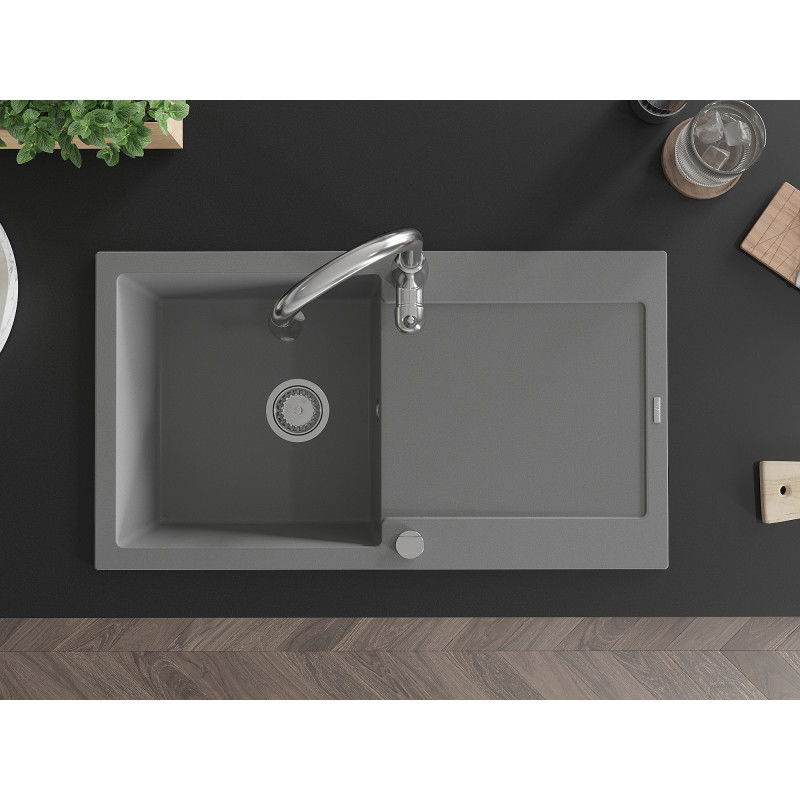 Mexen Leo granitový kuchynský drez s 1 komorou, odkvapkávačom a kuchynskou batériou Savita, sivý - 6501-71-672601-00