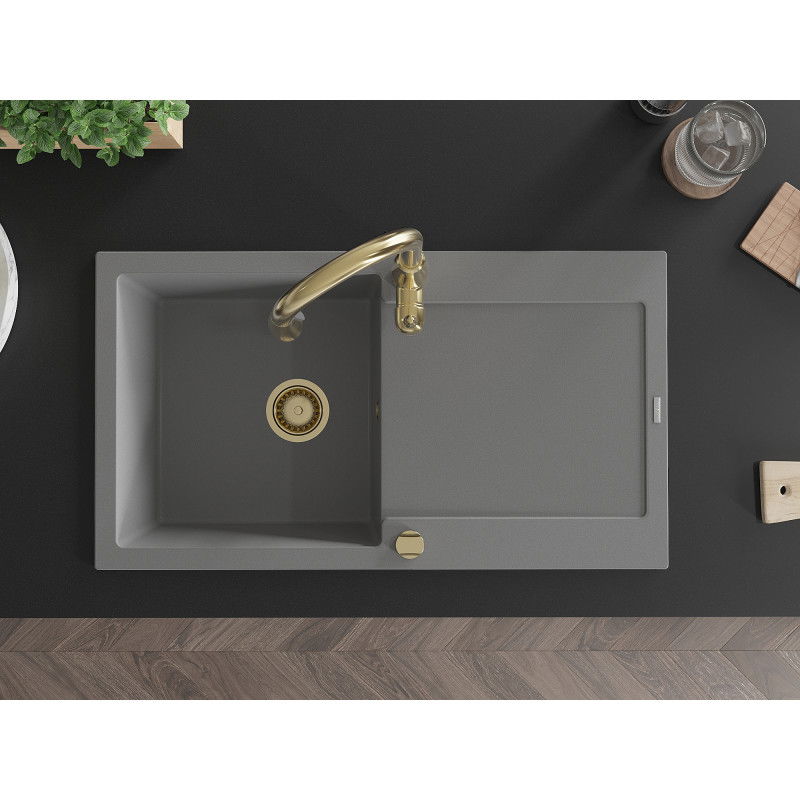 Mexen Leo žulový drez s 1 komorou s odkvapkávacou plochou a kuchynskou batériou Savita, šedý - 6501-71-672601-50