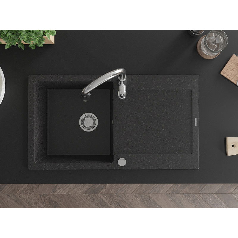 Mexen Leo granitový drez 1-komorový s odkvapkávačom a kuchynská batéria Savita, čierny/strieborný metalik - 6501-73-672601-00