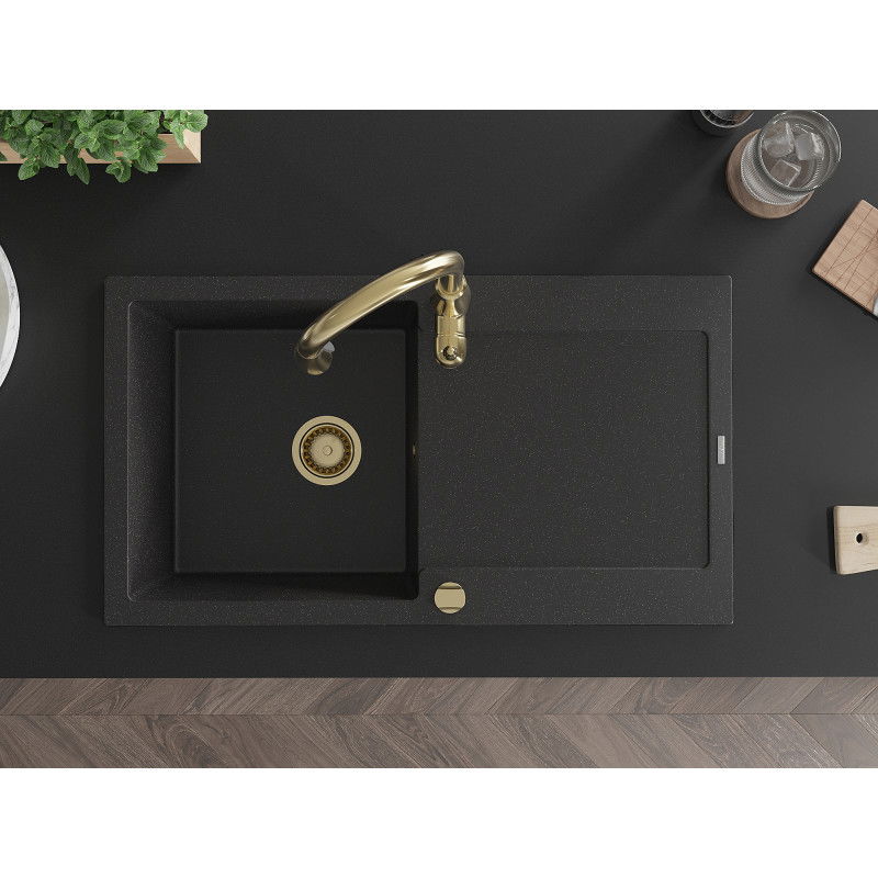 Mexen Leo granitový drez s 1 komorou, odkvapkávačom a kuchynskou batériou Savita, čierny/strieborný metalický