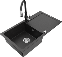 Mexen Leo granitový drez s 1 komorou s odkvapkávačom a kuchynskou batériou Savita, čierny/strieborný metalik