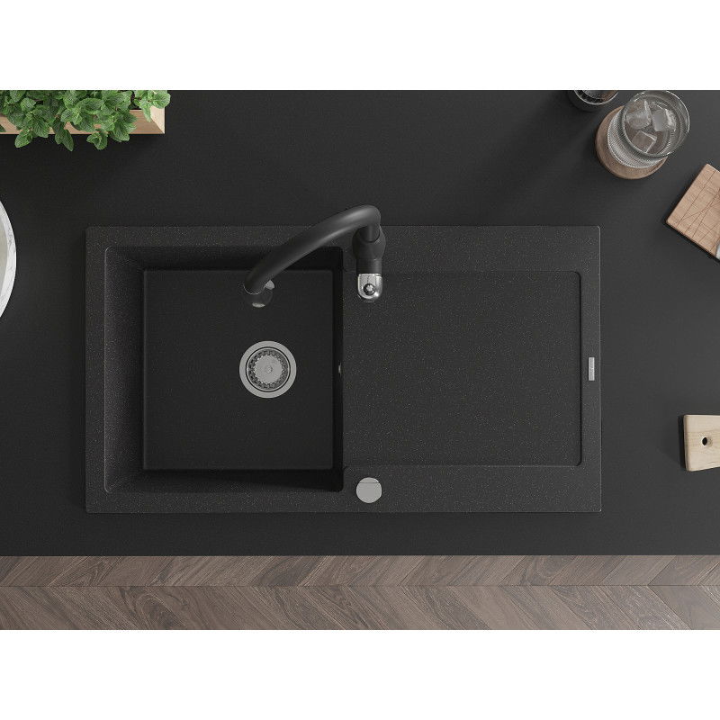 Mexen Leo granitový drez s 1 komorou s odkvapkávačom a kuchynskou batériou Savita, čierny/strieborný metalik