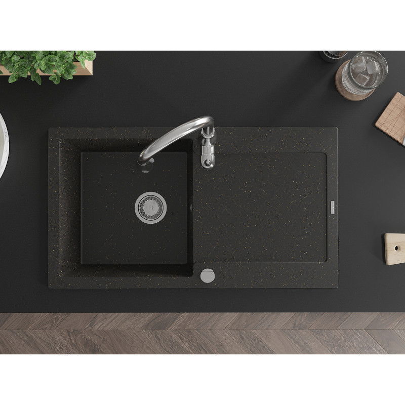 Mexen Leo granitový kuchynský drez s 1 komorou s odkvapkávačom a kuchynskou batériou Savita, čierna/zlatá metalická