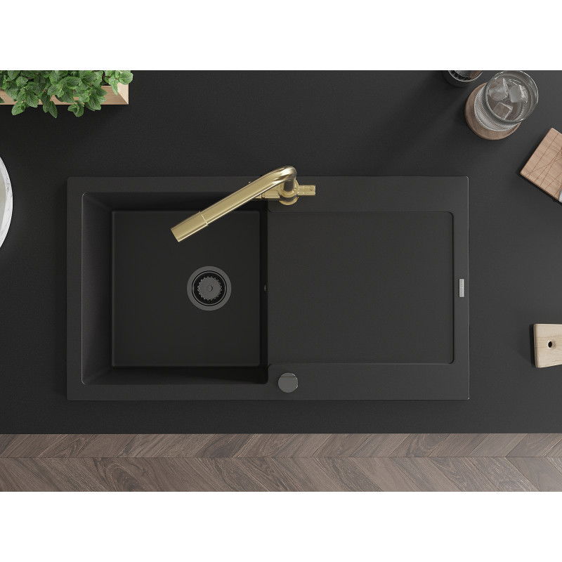 Mexen Leo granitový drez 1-komorový s odkvapkávačom a kuchynskou batériou Duero, čierny - 6501-77-671600-50