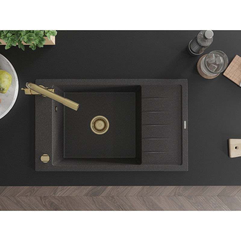 Mexen Elias granitový drez 1-komorový s odkvapkávacou plochou a kuchynskou batériou Duero, čierny škvrnitý - 6511-76-671600-50