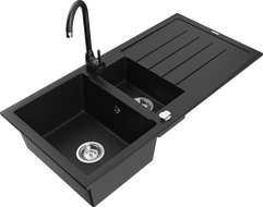 Mexen Andres žulový drez 1,5-komorový s odkvapkávačom a kuchynskou batériou Telma, čierny - 6515-77-670200-70