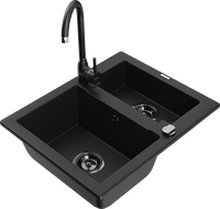 Mexen Carlos žulový kuchynský drez s 1,5 komorou a kuchynskou batériou Telma, čierny - 6518-77-670200-70-B