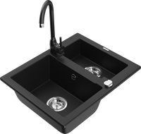 Mexen Carlos granitový drez 1,5-komorový s kuchynskou batériou Telma, čierny - 6518-77-670200-70