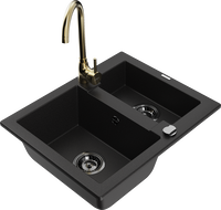 Mexen Carlos granitový drez 1,5-komorový s kuchynskou batériou Telma, čierny - 6518-77-670200-50-B