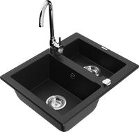 Mexen Carlos granitový drez 1,5-komorový s kuchynskou batériou Telma, čierny - 6518-77-670200-00