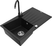 Mexen Cesar žulový kuchynský drez s jednou komorou s odkvapkávačom a kuchynskou batériou Telma, čierny - 6514-77-670200-70