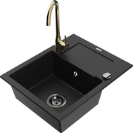 Mexen Enzo žulový drez s 1 komorou s odkvapom a kuchynskou batériou Telma, čierny - 6506-77-670200-50-B