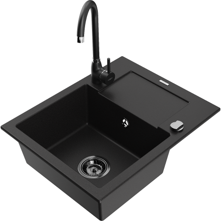 Mexen Enzo žulový jednodrez s odkvapkávačom a kuchynskou batériou Telma, čierny - 6506-77-670200-70-B