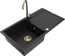 Mexen Leo žulový jednodrez s odkvapkávačom a kuchynskou batériou Telma, čierny - 6501-77-670200-50