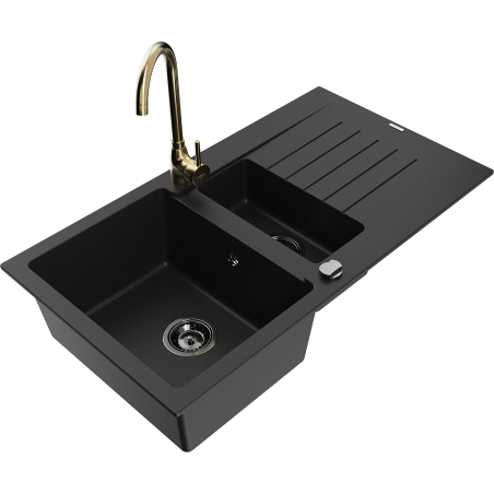 Mexen Matias granitový drez 1,5-komorový s odkvapkávačom a kuchynskou batériou Telma, čierny - 6502-77-670200-50-B
