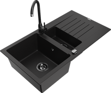 Mexen Matias 1,5-komorový žulový drez s odkvapkávačom a kuchynskou batériou Telma, čierny - 6502-77-670200-70-B