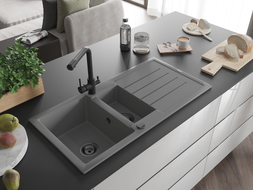 Mexen Andres granitový drez 1,5-komorový s odkvapávačom a kuchynskou batériou Duero, sivý - 6515-71-671600-70-B