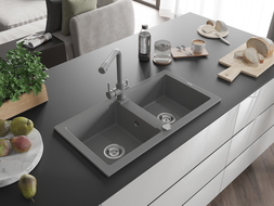 Mexen Mario žulový kuchynský drez 2-komorový s kuchynskou batériou Duero, šedý - 6504-71-671600-71
