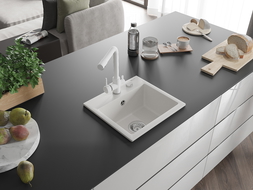 Mexen Milo granitový drez s 1 komorou a kuchynskou batériou Duero, biely - 6505-20-671600-20