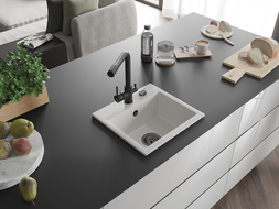 Mexen Milo granitový drez 1-komorový s kuchynskou batériou Duero, biely - 6505-20-671600-70