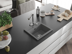 Mexen Milo granitový kuchynský drez s jednou komorou a kuchynskou batériou Duero, sivý - 6505-71-671600-00